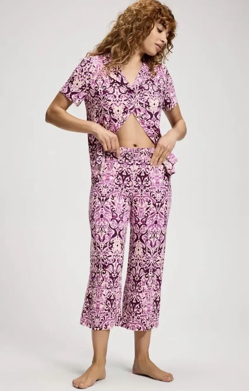 Soma cool nights top large pants medium Sleep set Purple wide leg crop pajamas